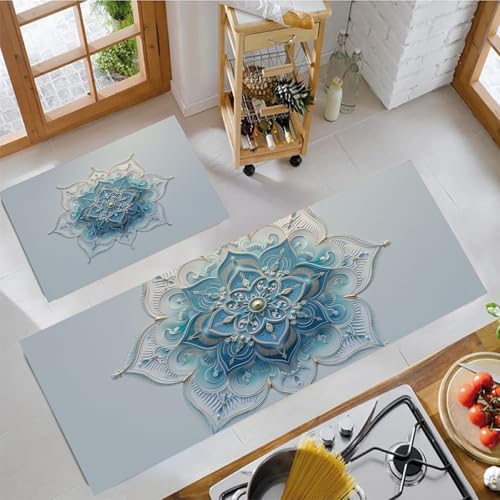 Alfombra de cocina cian con relieve mandala 3D para pasillo 5