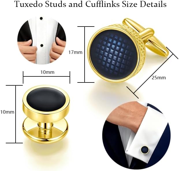 Cuff Links Mens Blue, Cuff Links Mens and Tuxedo Studs Set, Cufflinks for Men Gold Gift Box, Men's Jewelry or Accessories Cufflinks for Suit Shirt Bussiness Wedding Anniversary Valentine's Day (Gold)