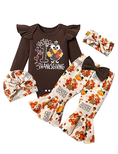 CRISONE Baby Girl Thanksgiving Outfit Long Sleeve Ruffle Romper + Turkey Pants + Headband + Hat 4pcs Clothes Set
