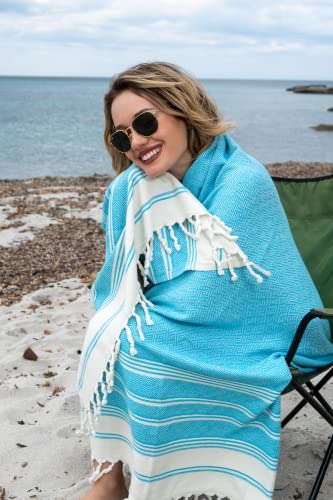 Demmex Certified 100% Organic Turkish Cotton Beach And Bath Towel, Peshtemal Blanket, Light Compact Travel Towel For Adults, Quick Dry Sand Free, Prewashed, Diamond Weave, Xl 71X36 (Turquoise) #TOP2