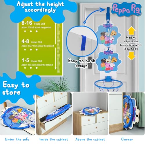 Image of Wembley Peppa Pig Basket Ball for Kids Boys Girls Basketball Set with Deflated Ball, Hoop, Hanging Board & Pump Indoor Outdoor Games Birthday Gift for Children - Friends