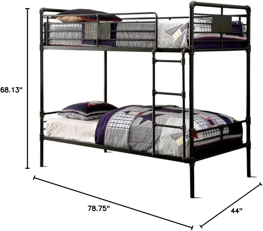 BOWERY HILL Modern Metal Twin Over Twin Bunk Bed, Antique Black Finish, Steel Construction, Industrial Style with Guard Rails, Ladder, Slatted Panels, Convertible Design, 78.75" W x 44" D x 68.13" H