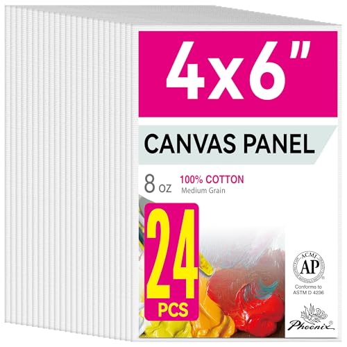 PHOENIX Small Painting Canvas Panels 4x6 Inch, 24 Bulk Pack - 8 Oz Triple Primed 100% Cotton Acid Free Canvas Boards for Painting, White Blank Flat Canvas Boards for Acrylic, Oil Paints