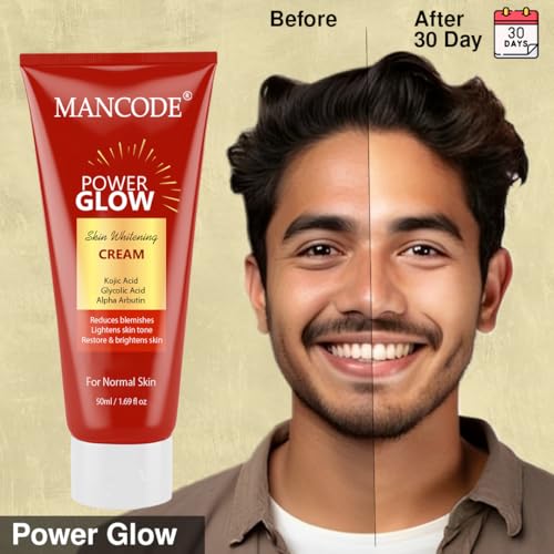 Image of Mancode Power Glow Skin Whitening Cream with Kojic Acid, Glycolic Acid & Alpha Arbutin | Brightening & Hydrating Formula for Men & Women| Reduces Dark Spots & Uneven Skin Tone | 50ml