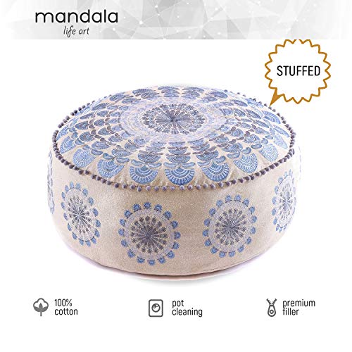 Mandala Life ART Bohemian Yoga Decor Floor Cushion Cover - Insert Included - Round Medition Pillow Case - Hand Printed Organic Cotton Pouf - Thumbnail 5