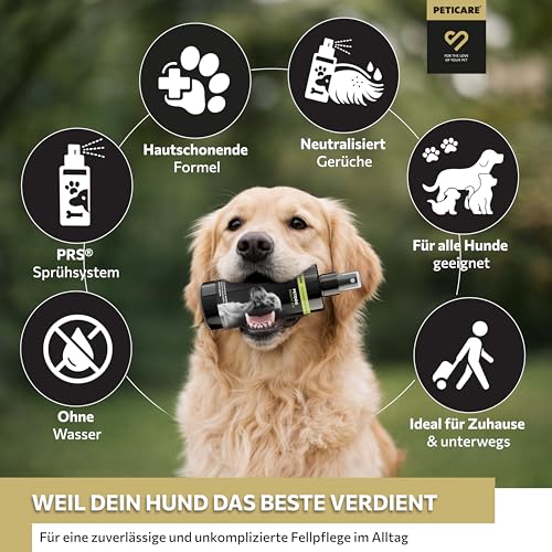 Peticare® Hunde Trockenshampoo (200 ml) – Natürliches Hundeshampoo gegen Geruch & Schmutz – ohne Wasser – Sanfte Fellpflege für Hunde & Welpen – für alle Fellarten – mit Argan- & Kokosöl