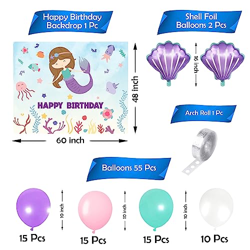 Image of Party Propz Mermaid Theme Birthday Decoration Kit for Girls - 59 Pcs Balloon Decoration Kit, Mermaid Theme Birthday Backdrop, Sea Shell Foil Balloons (Latex, Foil)