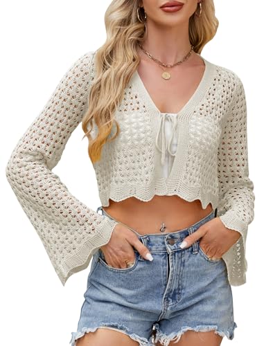 Image of Women's Soft Crochet Tie Front Cardigan Cropped Knit Bolero Shrug Summer Beach Cover Up Top
