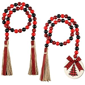 Wooden Bead Christmas Garland 2 Pieces Buffalo Plaid Tassel Bead Garland Decor Vintage Tassel Ornaments Vintage Farmhouse Garland Rustic Tier Tray Decor for Wall Hanging Home