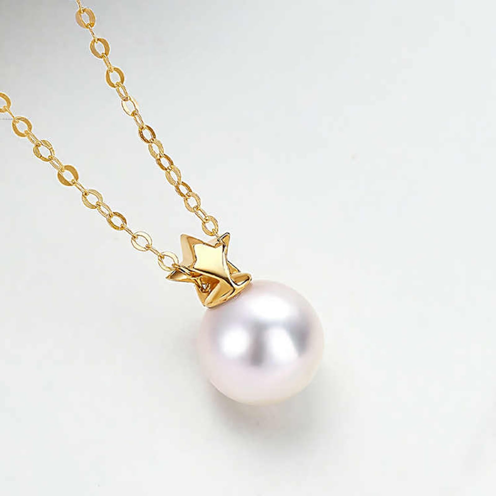 Collar de perlas de oro amarillo de 9 K/14 K/18 K, elegante collar con colgante de estrella de agua salada de 7-7,5 mm y diamante de 0,01 quilates para mujer, oro real