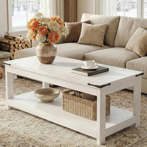 Homieasy Coffee Table with Storage Shelf, 43.3” Farmhouse Wood Coffee