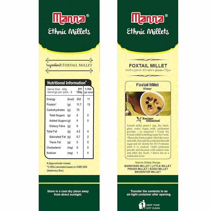 Image of Manna Foxtail Millet 1kg unpolished Natural Grains Kaon /Kang /Kangni /Kakum /Navani /korralu /Korra /Thinai Native Low GI Millet Rice High Protein & More Fibre than white rice 500g (Pack of 6)