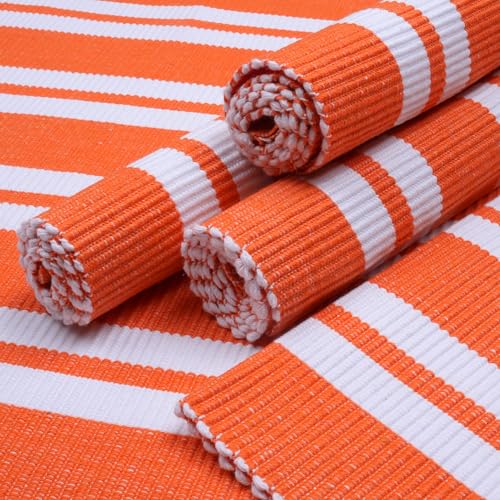 Image of Encasa XO Dining Table Mats Set of 6, 46x32 cm | Handmade Franca Orange Stripes Ribbed Cotton Table Mat | Heat-Resistance Table Placemats, Non-Slip, Washable & Durable Place mat for Dining Table