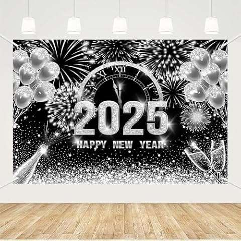 MEHOFOND 7x5ft Black and Silver 2025 Happy New Year Backdrop Hello 2025 New Year Eve Party Photography Background Champagne Balloon Fireworks Glitter Dots Cheers to 2025 Decor Banner Photo Booth Props Cover