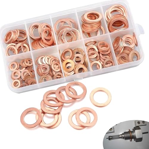 Image of 200 PCS Car Sealing Gasket Classification Combination Set, 9 Specs M5 M6 M8 M10 M12 M14 Copper Anti-Rust Washer, Waterproof Multi-Functional Oil Pan Plug Gasket, Universal for Cars (Gold)