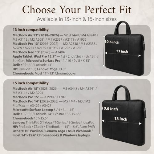 Image of ALLEN & MATE 100% Leather Laptop Case 13 Inch Laptop Sleeve fits MacBook Neo /Air /Pro 13 Inch with M5 /M4 /M3 /M2 /M1, Dell, HP, Lenovo, Chromebook 11-13 inch Computer Bag Zip Pocket - Black