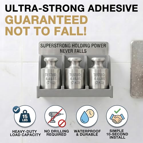 Image of Soap Holder for Shower Wall, 3-Compartment Soap Dish [Patent Pending] | For Shampoo, Conditioner and Body Soap, Fast Draining & Rust-Proof, Strong Adhesive for Long-Term Bathroom Use & Freestanding