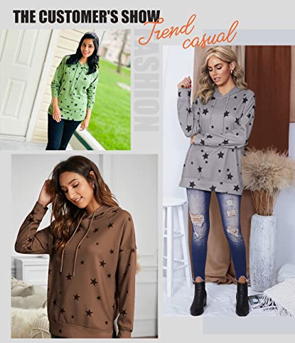 Biucly Womens Casual Fashion Star Print Hoodies Sweatshirts Lightweight Loose Long Sleeve Drawstring Hooded Pullover Tops Oversized Hoodie Sweatshirt,Us 12-14(L),Grey #TOP4