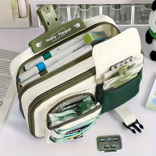Image of Alokik Multi-Compartment Pencil Pouch Large Capacity Pen Case with Zipper & Buckle Pocket, Durable Canvas Stationery Organizer for School Office Travel, Stylish Storage Case (Green Happy Every Day)