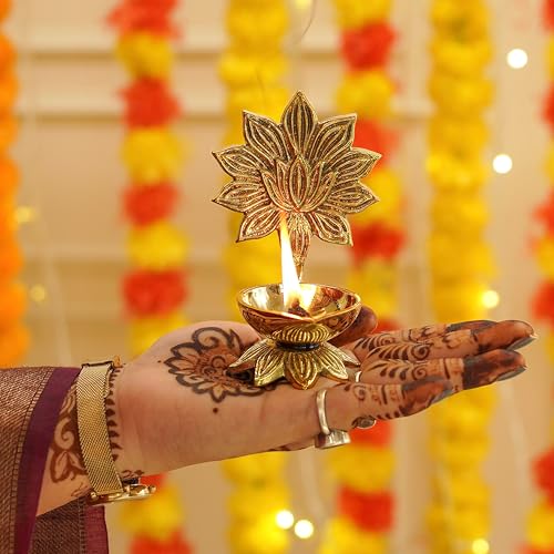 Image of Behoma 100% Pure Brass Lotus Diya for Puja | Kamal Deepak Deepam for Pooja Room, Tample,Mandir,Office | Deep for Home Decoration