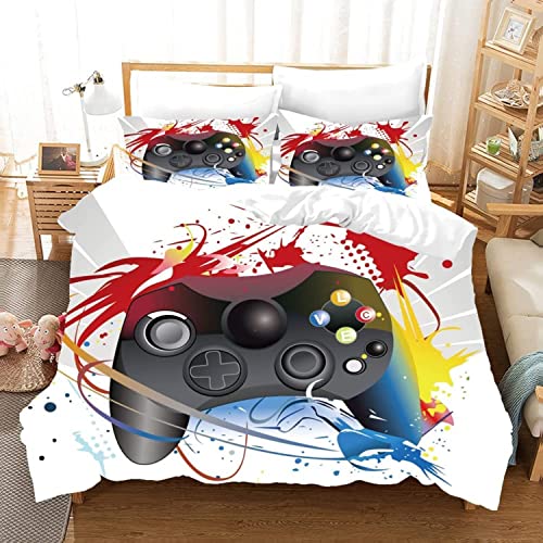 DELLIOP Juego de cama Gamer con cremallera para niños y adolescentes, juego de funda nórdica y controlador de videojuegos, juego con 2 fundas de almohada surtidas, 50 x 75 cm, color blanco - 90 x 190