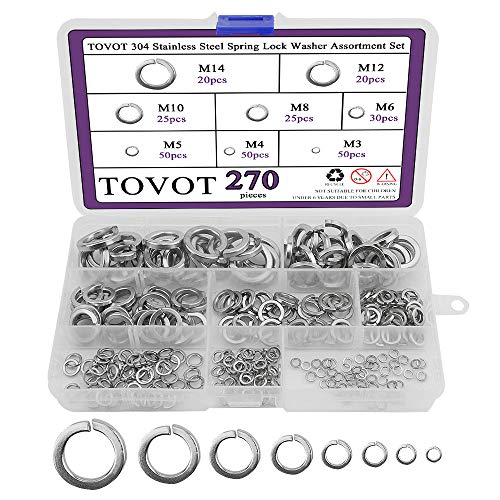 Tovot 304 Lot de 270 rondelles de verrouillage à ressort en acier inoxydable Tailles M3 M4 M5 M6 M7 M8 M10 M12 M14