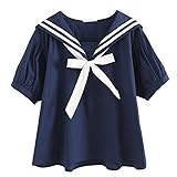BAIMORE Women's Fashion Navy Collar Blouse Bow Knot Short Sleeve Striped Summer Casual Loose Shirt