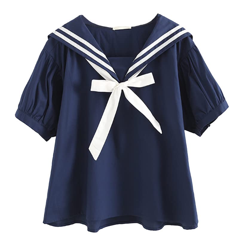 BAIMORE Women‘s Fashion Navy Collar Blouse Bow Knot Short Sleeve Striped Summer Casual Loose Shirt