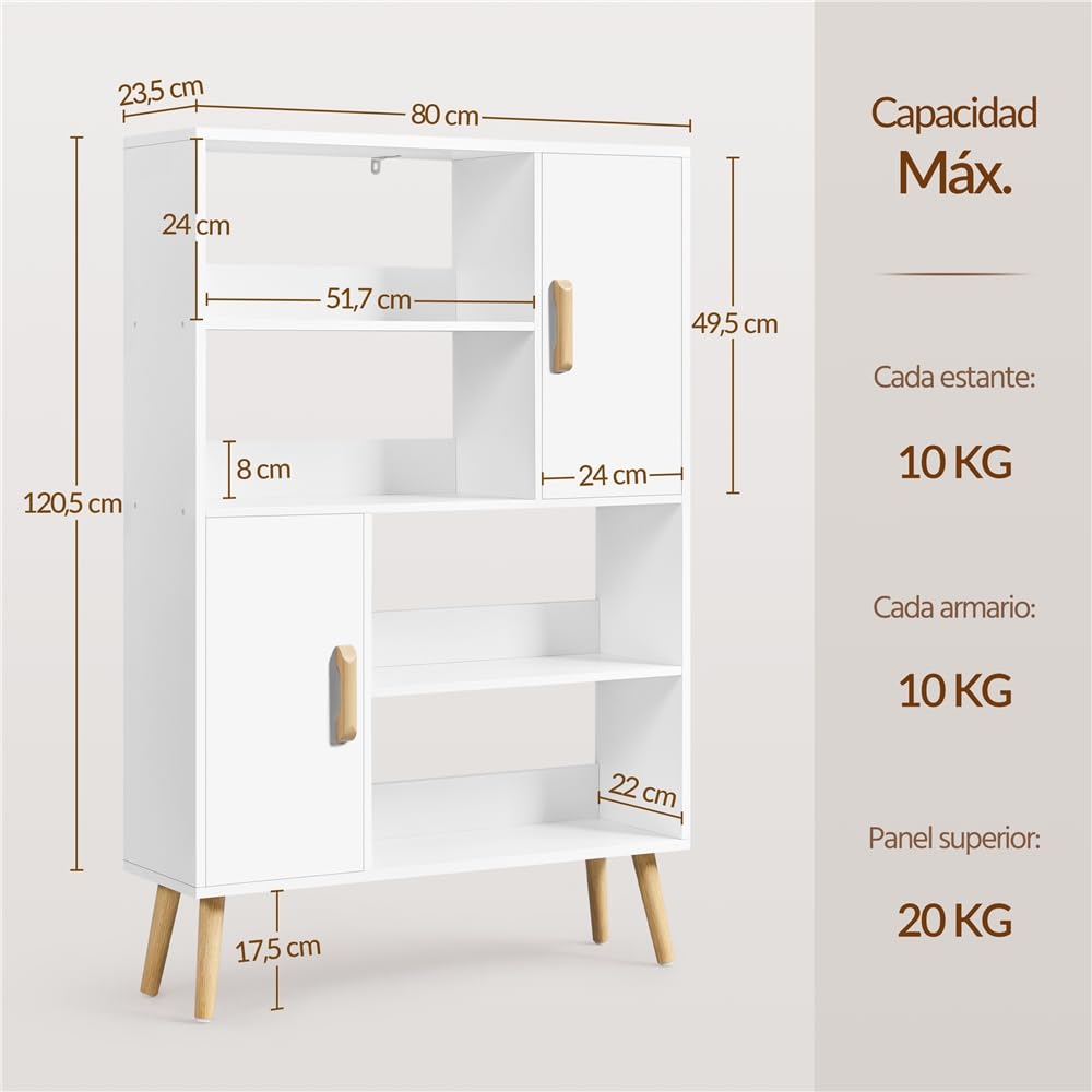 Yaheetech Librería de Madera Estantería de Libros | con 2 Armarios con Puerta y 4 Estantes Abiertos Armario Auxiliar con Patas para Estudio, salón, Dormitorio, Oficina Blanco