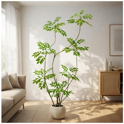 TNGGNT Artificial Sumac Tree：6FT Faux Mahonia Fortunei Tree Realistic Fake Floor Plant Silk Leaves...
