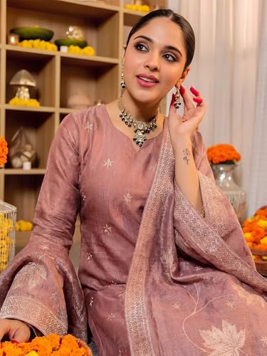 Image of Pinkmint Women Jacquard Silk Ethnic Kurta with Dupatta Suit for Women | Straight Fit Designer Wear with Woven Pattern & Tassel Dupatta | Availble in Plus Size