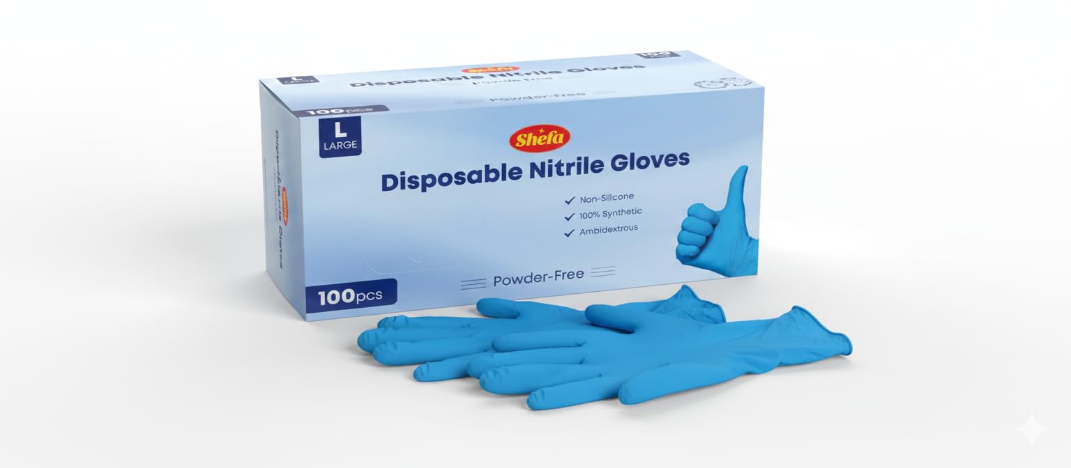 Shefa Blue Nitrile Disposable Gloves XLarge - Multipurpose, Powder Free Disposable Gloves - Box of 300 Gloves, Blue, (300, XL)