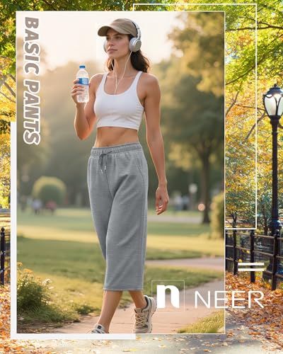 Neer 3 Pack Women's Capri Pants, Drawstring Wide Leg Crop Lounge Sweatpants Summer Yoga Casual Cropped Pants with Pocket(Black, Dark Gray, Light Gray,Medium) — view 2