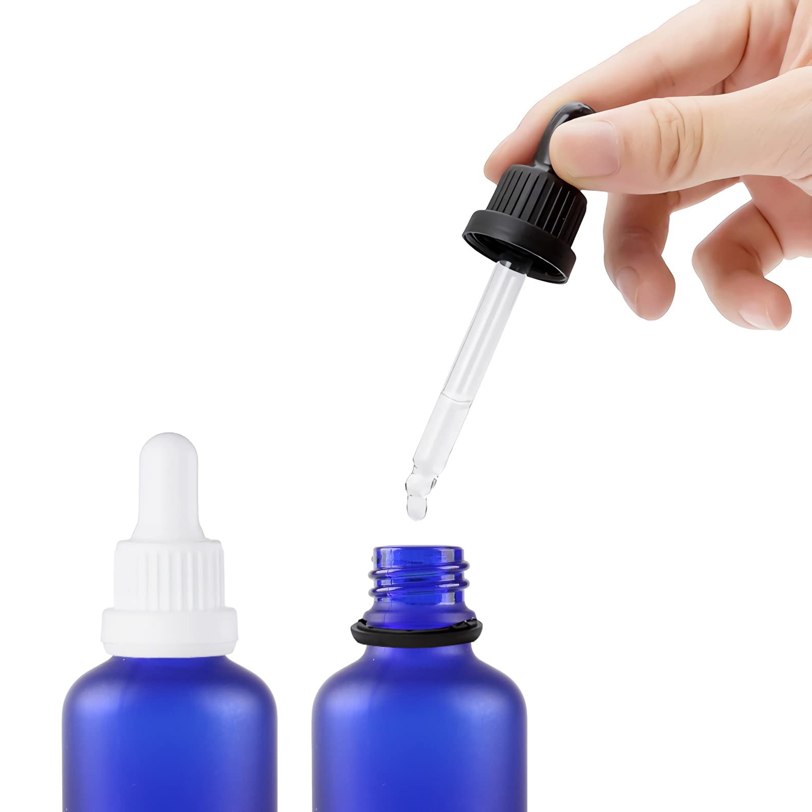 24 Pieza, 50ml Mate Azul Botellas de Cristal con Pipeta, Frasco Cuentagotas Cristal con Tapón de Rosca Negro a Prueba de Manipulaciones para Aromaterapia Aceites Esenciales