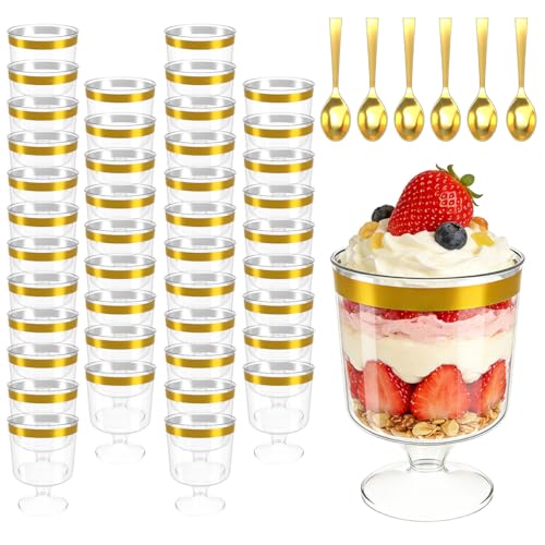 Pexicor 120Pcs Dessert Cups with Golden Spoon,5Oz Clear Plastic Parfait Cups,Mini Appetizer Cups Disposable Shooter Cups for Pudding Fruit Ice Cream Mousse Cake Birthday Party Events Supplies