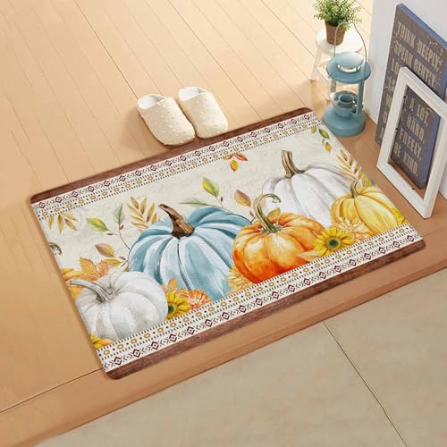 Yubilinco キッチンマット かぼちゃ 秋 落葉 ベージュバック マット 合皮 踏み心地いい 撥水 直接拭ける 滑り止め付 保温 キッチン 台所 リビングルーム 部屋 玄関マット お手入れ簡単 直角長方形 丈夫 45×150cm