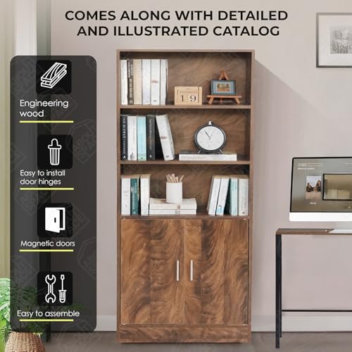 Image of ABOUT SPACE 5 ft Kitchen Cabinet - 5 Tier Wooden Storage Cabinet with 3 Open Shelves & 2 Magnetic Door Crockery Cabinets, Easy to Assemble for Home Living Room (Walnut - L 57 x B 25.5 x H 158 cm)