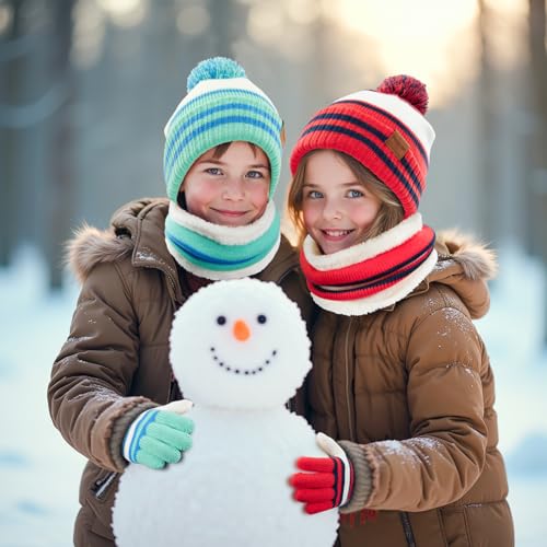 Image of Kids Winter Hat Gloves Scarf Set: Girls Boys Beanie Fleece Lined Ages 6-10