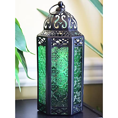 Vela Lanterns Moroccan Lantern Decorative Candle Holder For Ramadan Decorations, Green Glass, Medium #TOP6