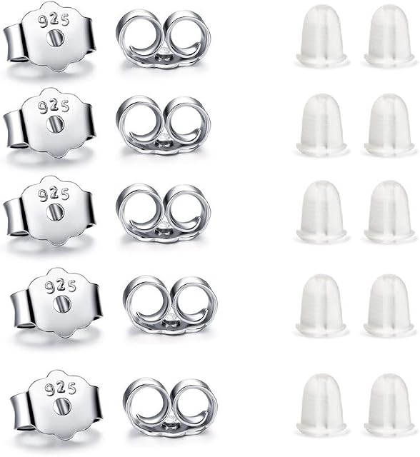 Lydreewam 10 Pairs Earring Stud Backs (5 Pairs Sterling Silver Butterfly, 5 Pairs Rubber)