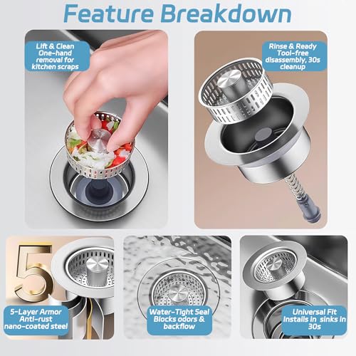 Colador para desagüe de cocina 3 en 1 acero inoxidable miniatura 3
