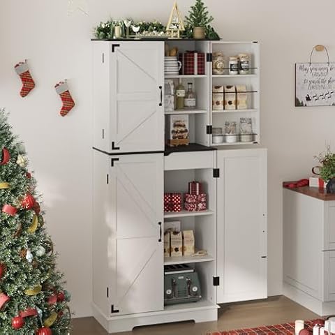 Sunny Heart Farmhouse Kitchen Pantry Cabinet, 72” Tall Storage Cabinet with 4 Barn Door and 1 Drawer, Freestanding Food Pantry with Adjustable Shelves for Dining Room, Living Room, Bathroom (White) Cover