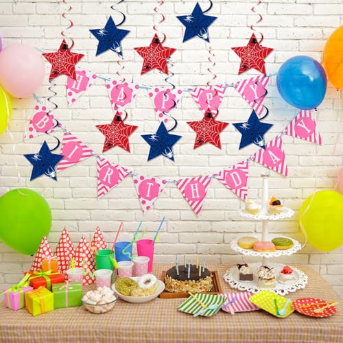 Image of 12pcs Spider Web Hanging Swirl Party Supplies,Halloween Spider Party Decoration,Blue and Red Party Swirls,Suitable for Baby Shower Decoration Supplies