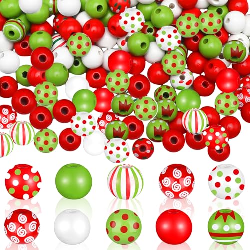 Cinnvoice 240 Pcs Christmas Wooden Beads Bulk for Craft Jewelry Making Round 16mm Santa Peppermint Swirl Beads for DIY Garland Holiday Tiered Tray Tree Decor(Fairy Red and Lime Green)