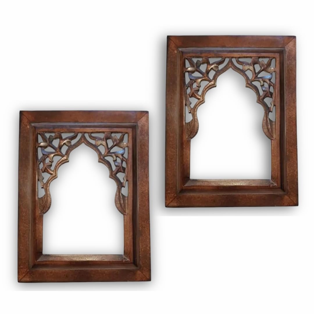 H D Furnishing Set of 2 Antique Black Hand Carved Wooden Jharokha Wall Mirror Frames – Traditional Arch Design for Home & Bedroom Décor (12 x 9 Inch)-picture-26