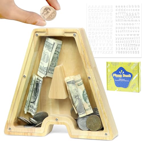 LEcylankEr Tirelire Personnalisée pour Enfants avec Lettres de A à Z - Tirelire en Bois Transparente - Cadeaux pour Anniversaire, Noël, Thanksgiving