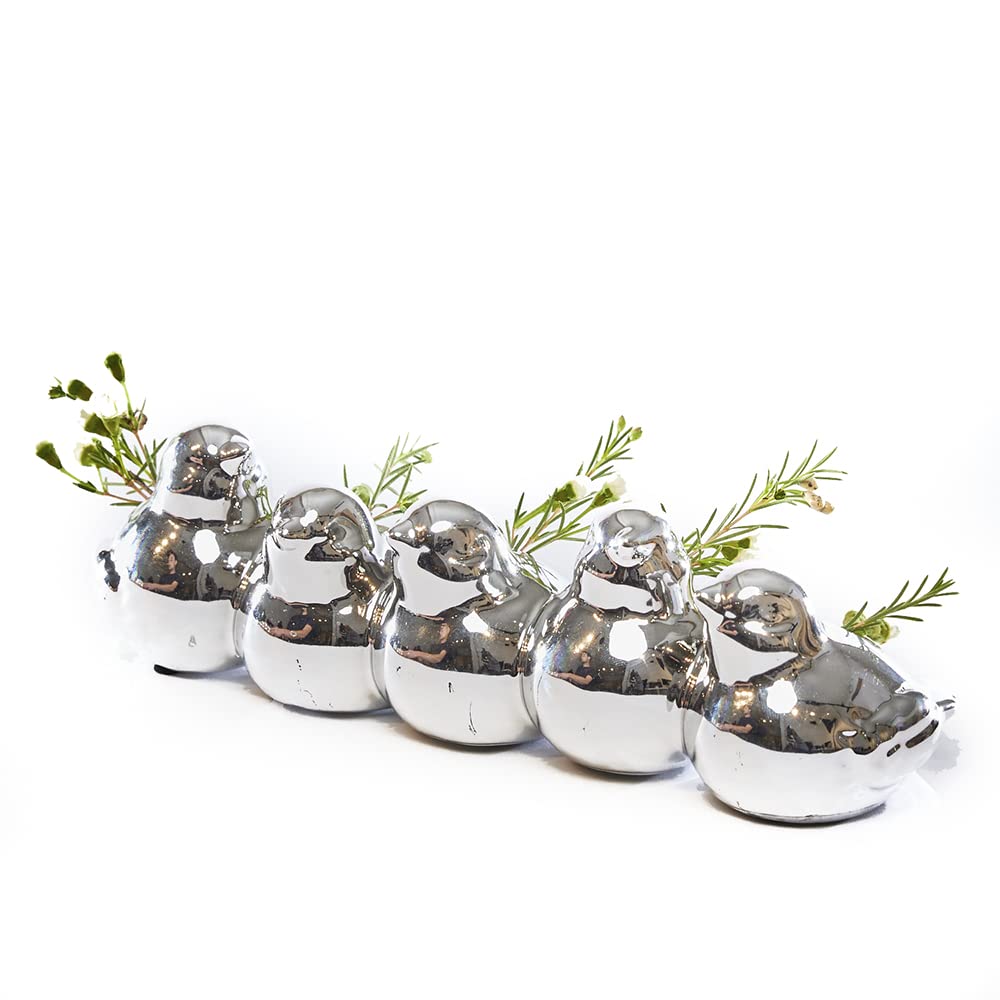 Sisken Chive - Unique Ceramic Bird Vase - 5 Interconnected Birds (Silver), Small Bud Vase for Decorative Floral Arranging, Low Laying Vase for Home