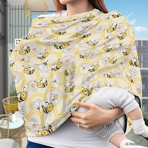 Image of Wanyint Baby Car Seat Covers Carseat Canopy for Boys Girls, Multi-Use Nursing Breastfeeding Covers Mothers Nursing Scarf Halloween Decoration, Bee Honeycomb Daisy Yellow
