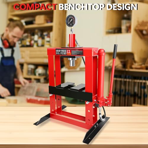 Hydraulic Shop Press, 12Ton H-Frame Garage Shop Benchtop Press with Pressure Gauge & Press Plates, Adjustable Working Table Height Used for Pressing, Bending, and Straightening, Red