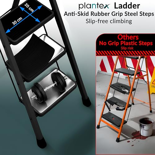 Image of Plantex Ladder for Home 3 Steps /Foldable Ladder with Anti-Skid Wide Steps (30L x 20W cm) /Strong D-Shape Pipe with X-Support for More Stability /5 Year Warranty(Apex-Black)